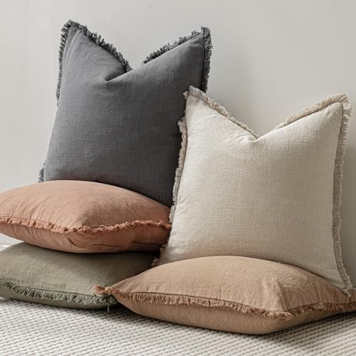 Foindtower Set of 2 Decorative Linen Fringe Throw Pillow Covers Cozy Boho Farmhouse Cushion Cover with Tassels Soft Accent Pillowcase for Couch Sofa Bed Living Room Home Decor, 16×16 Inch, Gray - color: Grey, size: 16" x 16" (Pack of 2)