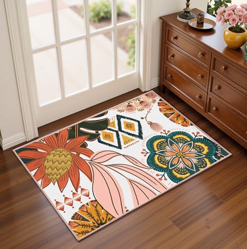 Tyrot Boho Floral 2x3 Washable Kitchen & Entryway Rug Ultra-Thin Flat Woven Low-Pile Botanical Area Rug Non Slip Indoor Door Mat for Bathroom Bedroom, Blush Pink - color: Blush Pearl, size: 2' x 3' (Rectangular)