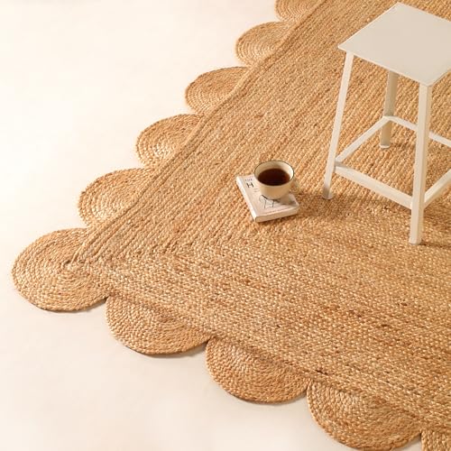 Scalloped Natural Jute Area Rug 8x10ft – Handwoven Natural Fiber Rug for Living Room, Bedroom, and Entryway, Rustic & Boho Style - size: 8' x 10' (Rectangular)