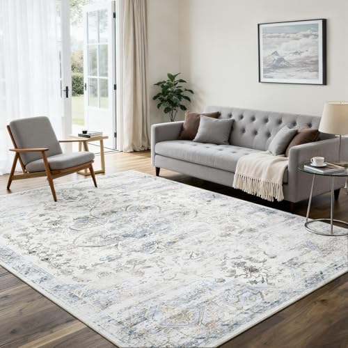 6'x9' Rugs for Living Room Bedroom, Washable Area Rugs, Pet & Kid Friendly Low Pile Carpet, Non-Shedding Non-Slip TPE Backing, Vintage Distressed Print Floor Mat for Bedroom Dining Room, Blue - color: Blue, size: 6x9