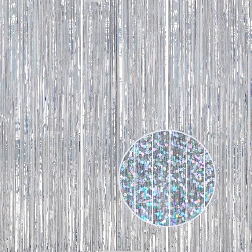 DECOCKRAT 3 Pack Foil Fringe Backdrop - Laser Silver Shiny Tinsel Curtains for Party Decoration/Photo Booth Props - 3.3x8.2 FT Metallic Foil Backdrop for Birthday, Wedding, Graduation, Christmas. - color: Laser Silver