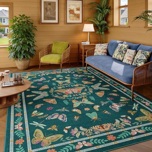 Unirea 5x7 Dark Blue Living Room Bedroom Area Rug, Large Washable Non Slip Rug for Dining Room Under Table, Kids Room, Home Office, Thin Soft Boho Stain Resistant Insect Bug Rug, Low Pile Carpet - color: Dark Blue, size: 5'x7'