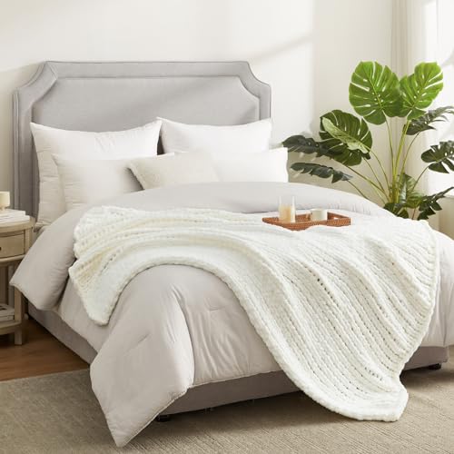 Amélie Home Chunky Knit Throw Blanket for Couch, Soft Chenille Handmade Crochet Throw Rope Knit Blanket for Bed, 40"x50", Ivory - color: Ivory, size: 40"x50"