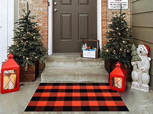 Ckorzen Fall Plaid Rug 28" x 43", Orange and Black Buffalo Check Front Porch Outdoor Layered Doormat, Cotton Hand-Woven Washable Rug for Halloween Thanksgiving Autumn Decor - color: Orange & Black, size: 2'4" x 3'7" (Rectangular)
