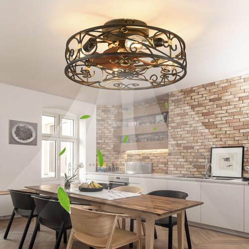 20" Caged Ceiling Fans with Lights and Remote, Bladeless Ceiling Fan 6 Speed Reversible with 4 Bulbs and Remote Control,Flush Mount Caged Ceiling Fan for Bedroom, Living Room, (Include Bulbs) - color: Black (with light bulb)