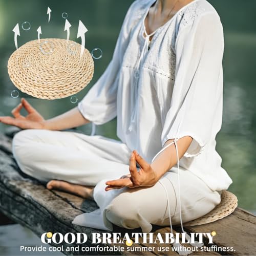 Holibanna Hand-Woven Round Straw Cushion Set of 3 Natural Floor Pillows for Yoga Meditation Tatami Window Seat Dining Room Guest Room Living