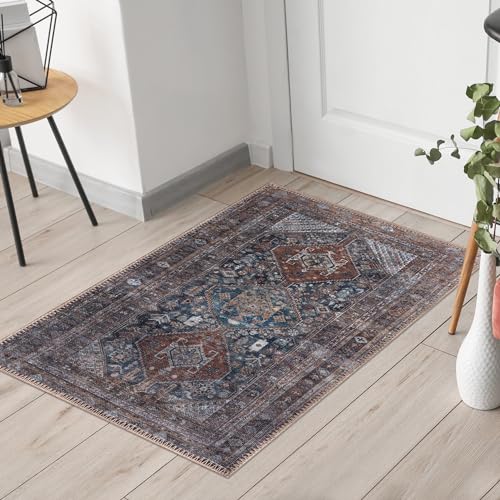 Keen Home Design 24"x36" Rug - Machine Washable Entry Rug with Non-Slip Backing, Ideal for Enteryway, Kitchen, Bathroom, Laundry Room - Vintage, Easy Clean, Durable, Low Pile - (2' x 3') - color: Navy/Brown, size: 2' x 3' (Rectangular)
