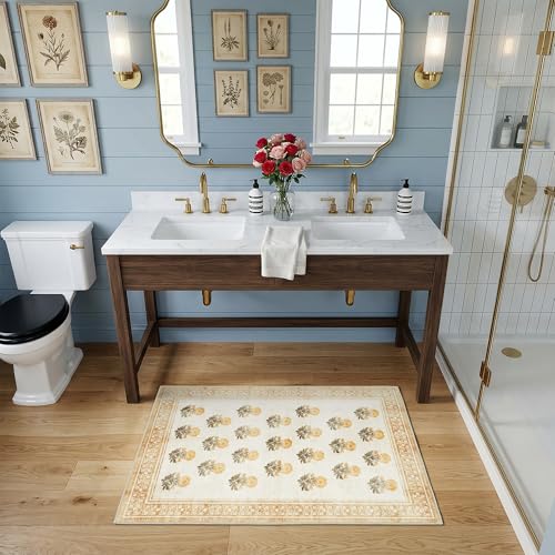 Beige Brown Washable Entry Rug 2x3 Small Rugs- Front Door Throw Rugs Indoor, Non-Slip Bathroom Mat, Vintage Floral Thin Rug Stain Resistance for Kitchen, Laundry, Boho Entryway Décor - color: Beige/Brown/Yellow, size: 2' x 3' (Rectangular)