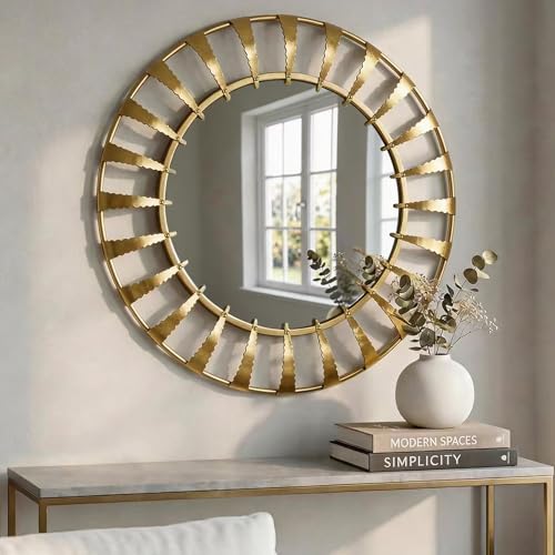 Gold Sunburst Round Wall Mirror 32", Decorative Circle Metal Frame Mirror,Large Decorative Circular Wall Mirror for Entryway or Bedroom - color: Sunburst - 32"l X 32"w