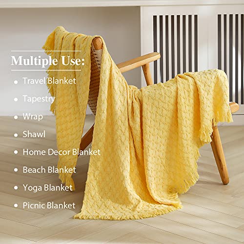 Simple&Opulence 100% Cotton Throw Blanket for Couch, Bed, Waffle Weave Knit Blanket with Tassels, Soft Lightweight Pre-Washed Breathable Comfy Blanket Farmhouse Decor for All-Season(Light Yellow) - color: B-light Yellow