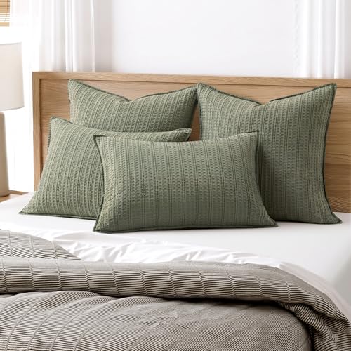 Set of 2 Decorative 100% Cotton Waffle Euro Sham Pillow Covers 24x24, Neutral Throw Pillows Weave European Cushion Cases for Couch Sofa Bed Modern Farmhouse Home Decor, Olive Green - color: Olive Green, size: 24" x 24" (Pack of 2)