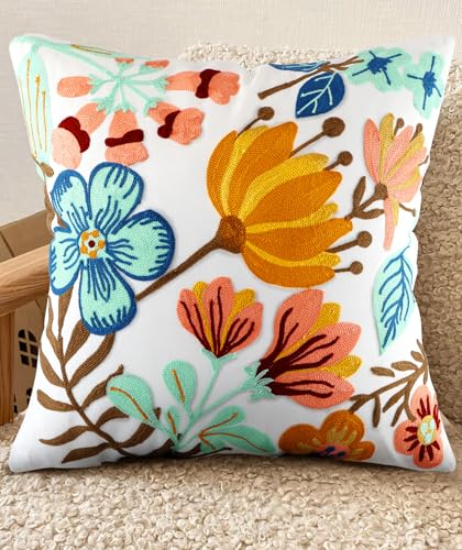 Embroidered Throw Pillow Cover - 18x18 Decorative Pillow Cover with Zipper Aesthetic Cute Design Boho Spring Summer Cozy Throw Pillowcase for Living Room Couch Sofa Bed, Elegant Flowers - color: Elegant Flowers, size: 18" x 18" (Pack of 1)