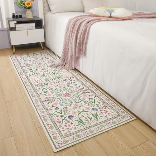 Amearea Pink Runner Rugs for Hallway, 2x6 Feet Area Rugs for Bedroom Girls, Washable Floral Collection Bedside Rugs Low Pile Print Carpet, Kids Room Entrance Kitchen Living Room Decor - color: Pink, size: 2x6 Feet