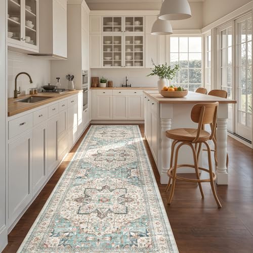 Tortania Area Rug 2x8 Runner Rugs - Washable Vintage Oriental Farmhouse Thin Indoor Carpet for Living Room Bedroom Hallway Entryway Kitchen Under Dining Table Home Office - Aqua Multi - color: Aqua Multi, size: 2' x 8' (Runner)