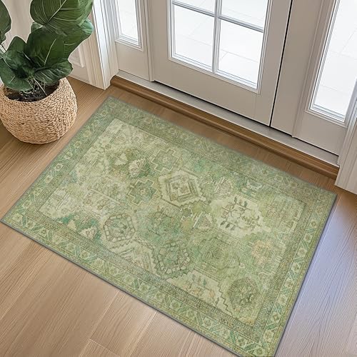 Bavni 2x3 Entryway Rug Bathroom Rugs for Front Door Bedroom Bathroom Kitchen, Washable Vintage Print Carpet, Ultra-Thin Chenille Lightweight Rug with Non Slip Backing, Light Green - color: Light Green, size: 2' x 3' (Rectangular)