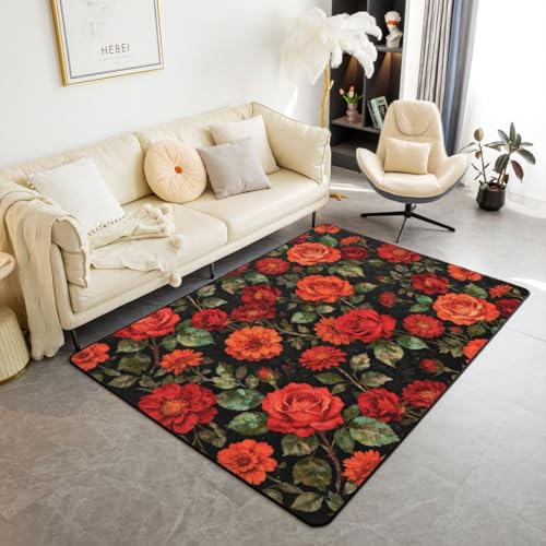 Erosebridal Vintage Dark Floral Area Rug 6'6" x 4'11" Red Orange Peony Living Room Rugs Garden Flower Decorative Carpet Black Romantic Indoor Floor Mat - color: Black Red, size: 4'11" x 6'6" (Rectangular)