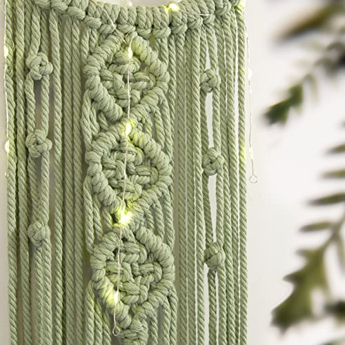 ANROYE Boho Macrame Woven Wall Hanging, Crochet Crescent Moon Star Dream Catcher with Long Tassel- Green Cotton Handmade Bohemian Home Decor Nursery Decoration Art for Kids Bedroom Dorm Room - color: Sage Green, size: With Light