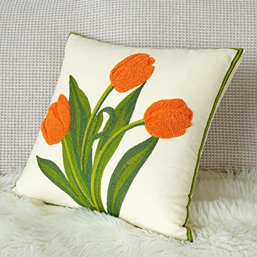 vctops Farmhouse Tulip Cotton Tufted Throw Pillow Cover Spring Floral Embroidery Pillowcase Soft Square Cushion Case for Sofa Couch Bed Chair (Orange,18"x18") - color: Orange