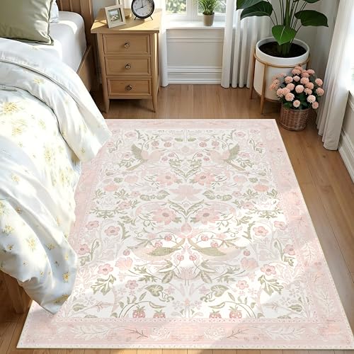 5'x7' Area Rugs Washable,Pink Rug for Living Room Bedroom,Large Boho Botanical Farmhouse Bohemian Distressed Oriental Carpet Non Slip,Blush Floral Bird - color: Pink Floral Bird, size: 5'x7'