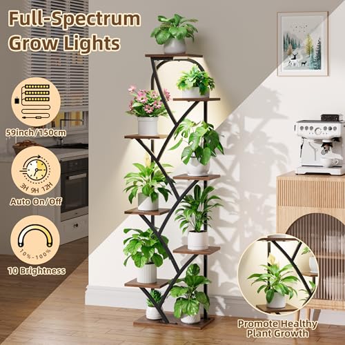 Indoor Plant Stand with Grow Lights, 8 Tiered, 59.5" Tall | Plant Shelf, Flower Holder, Heavy Duty Anti-rust Iron Pipes, Water-resistant & Anti-corrosive Wood, Auto Timer