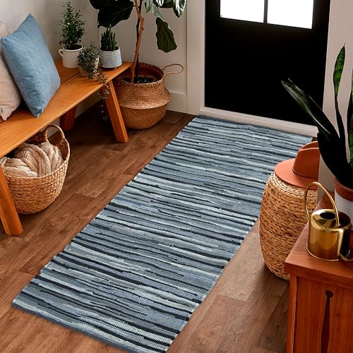 Cotton Hand Woven Chindi Runner Rug 2x6 Feet - Charcoal, Farmhouse Stripe Soft Area Floor Runners Ideal for Hallways, Kitchen, Nursery | Grey Decorative Reversible Indoor Space Mat for Bedroom - color: Charcoal, size: 2' x 6' (Runner)
