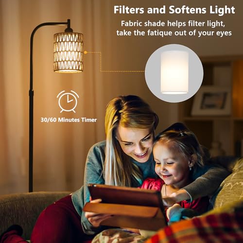 LAMSU Floor Lamp with Remote, Dimmable Rattan Floor Lamp with LED Bulb, Industrial Black Tall Pole Lamp with Rattan & Fabric Shades, Boho Farmhouse Standing Lamps for Living Room Bedroom Office - color: Black