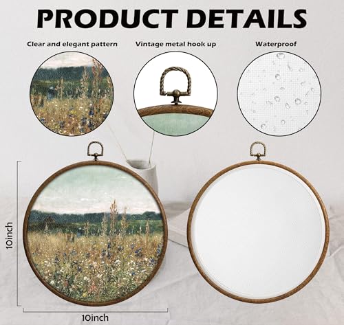 Wildflower Round Wall Art Decor, Floral Field Landscape Circular Wall Art, Vintage Round Boho Home Decoration, Circular Hanging Decor with Hooks for Living Room Bedroom Kitchen Office Decoration, 18 - color: Vintage17