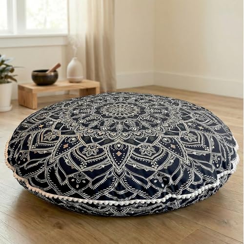 Codi Meditation Cushion for Adults - 32" Large Floor Pillow with Supportive Shredded Memory Foam - Round Zabuton with Washable Cover, Bohemian Mandala Seating for Yoga and Mindfulness, Black - color: Black, size: 1 Count (Pack of 1)
