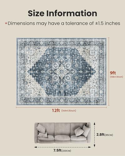 AMADA HOMEFURNISHING 9x12 Washable Area Rug, Low-Profile Large Area Rug with Non-Slip Backing & Durable Edge Binding, Vintage Large Rugs for Living Room, Bedroom & Dinning Room - color: Blue, size: 9' x 12' (Rectangular)