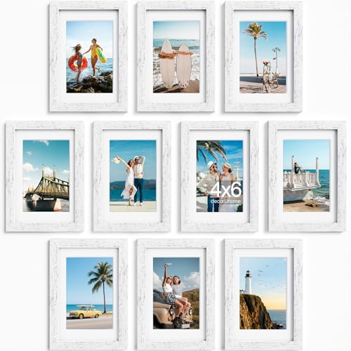 decorUhome 4x6 Picture Frame Set of 10, Display Photos 3.5x5 with Mat or 4x6 Unmatted for Picture Frames Collage Wall Decor, Distressed White - color: Distressed White, size: 4x6