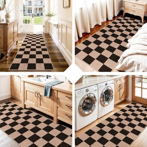 2x6 Jute Woven Runner Rug: Non-Slip Backing Diamond Pattern - Easy Clean Carpet for Hallway Kitchen - Washable Thin Indoor Rugs for High Traffic Areas Farmhouse Home Decor (Black，2x6) - color: Black, size: 2' x 6' (Rectangular)