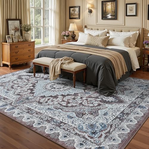 Foxmas 5x7 Area Rugs for Living Room, Machine Washable Vintage Rug, Non-Slip Low Pile Throw Rugs with Rubber Backing Washable Carpet for Bedroom Dining Room Kitchen Home Decor, Brown - color: Brown/Blue, size: 5' X 7' (Rectangular)