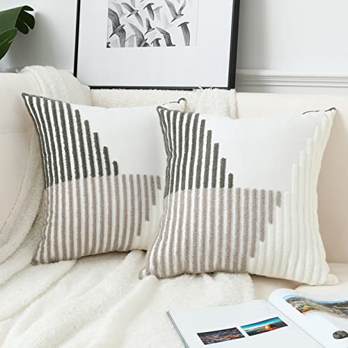 Modern Striped Embroidered Throw Pillow Covers 18x18 Set of 2 Textured Neutral Patterned Cotton Boho Pillow Covers Spring Decorative for Couch Bed Living Room Outdoor Grey & Cream White - color: Grey and White, size: 18" x 18" (Pack of 2)