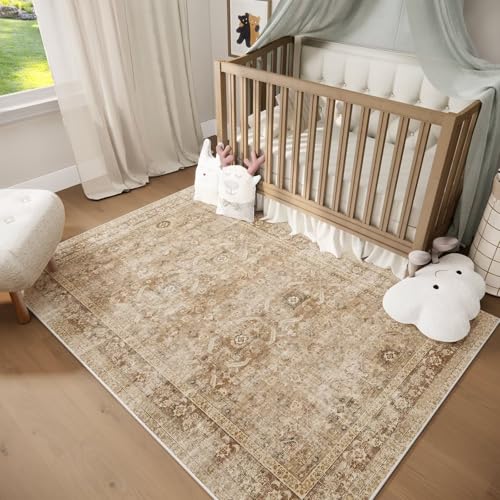 Washable 3x5 Entryway Rug, Boho Non-Slip Vintage Distress Small Rugs for Kitchen Nursery Office Bedroom, 0.3" Neutral Oriental Throw Thin Carpet with Cushioning Pad, Brown/Multi, C1 - color: Brown/Multi, size: 3' x 5' (Rectangular)