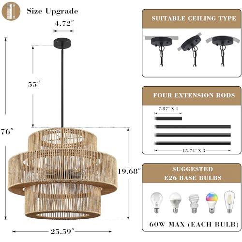 25.59" Large Hand-Woven Rattan Chandelier, 6 Lights Farmhouse Boho Chandelier Light Fixtures, Rustic Bamboo Wicker Chandeliers for Dining Room, Kitchen Island, Living Room, Stairway - color: Beige, size: 25.59 Inch