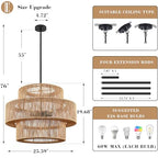 25.59" Large Hand-Woven Rattan Chandelier, 6 Lights Farmhouse Boho Chandelier Light Fixtures, Rustic Bamboo Wicker Chandeliers for Dining Room, Kitchen Island, Living Room, Stairway - color: Beige, size: 25.59 Inch
