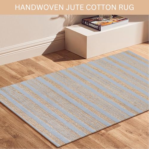 Area Rug Farmhouse 3x5 Feet - Hand Woven Jute Cotton Rug Bohemian Rustic Vintage - Non Slip Floor Rug for Bedroom Living Room Kitchen Dorm Entryway Hallway - Area Rug Natural Grey - color: Natural Grey, size: 3'x5'