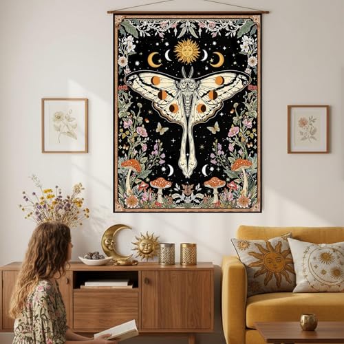Aipon Boho Moth Tapestry Vintage Floral Flowers Tapestries Aesthetic Retro Mushroom Tapestries for Bedroom Sun and Moon Indie Small Tapestry Wall Hanging for Living Room Dorm 48 x 36 Inch - color: Black Mushroom Moth, size: 48"L x 36"W