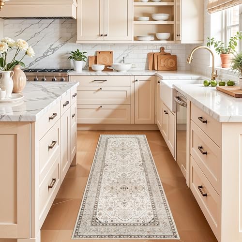 Washable Kitchen 2x6 Runner Rug: Non Slip Oriental Indoor Floor Mat for Hallway Bedroom Bathroom - Soft Easy Clean Thin Floor Throw Carpet Vintage Decor Rugs-Designed for Dog Kids Family 2x6 Ivory - color: Ivory, size: 2x6