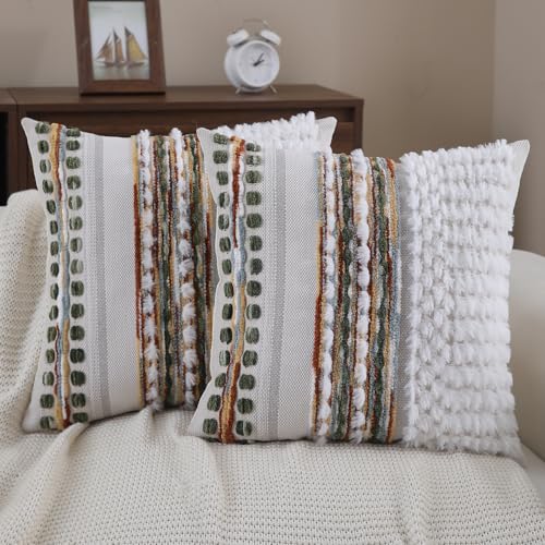 Boho Throw pillow covers 18x18 set of 2 farmhouse decorative Couch pillow covers neutral Accent throw pillows covers striped outdoor cushion covers square textured chenille pillow cases for sofa bed - color: Z Caramel Green