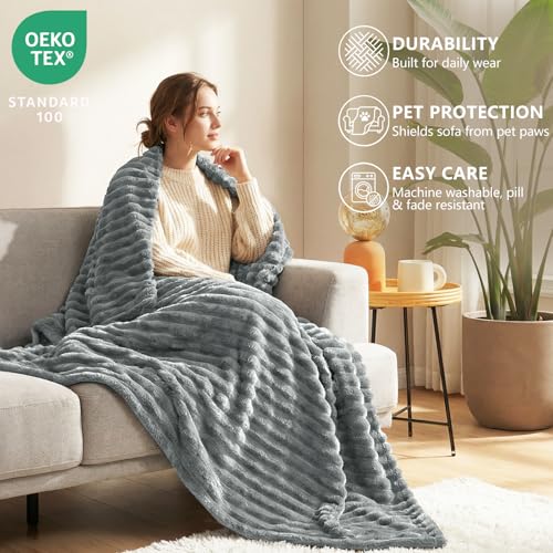 HIMEET Fleece Grey Throw Blanket for Bed - 300GSM Ribbed Soft Cozy Blanket for Couch, Graduation Birthday Gifts for Women Men Her, College Dorm Essentials Minimalist Room Throws, 50x60 Inches - color: Grey, size: Throw (50" x 60")