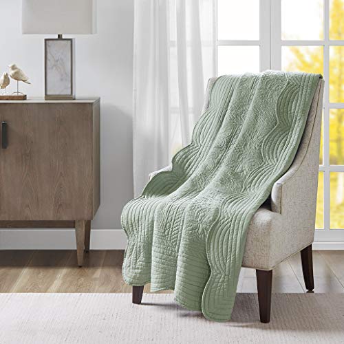 Madison Park Luxe Quilted Throw Blanket - Damask Stitching Design, Cotton Filled Spread, Ultra Soft, Cozy Bedding for Living Room Couch, Sofa, Bed, 60x72", Scalloped Borders Seafoam - color: Scalloped Edges Seafoam, size: 60"x72"