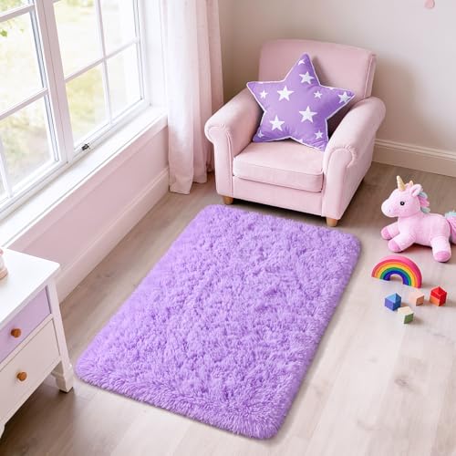 Merelax Fluffy Rug Shaggy Area Rug, Purple 2x3 Small Rugs for Bedroom, Mini Fuzzy Plush Kids Bedside Rug, Soft Non-Slip Entryway Throw Rugs Shag Catpet for Living Room Nursery Room Home Decor - color: Purple, size: 2' x 3' (Rectangular)