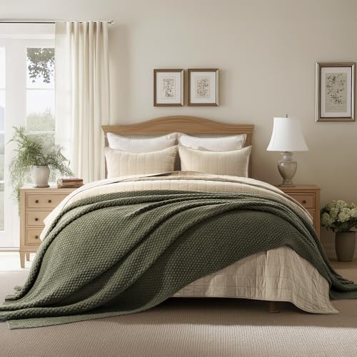 EVERGRACEHOME Chunky Polyester Knit Throw Blanket for Couch, Soft Luxurious Oversized King Moss Stitch Blanket for Bed, Large Cozy Farmhouse Knitted Throw for Sofa, Olive Green, 92" x 108" - color: Olive Green, size: 108" X 92"