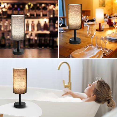 LALISU Small Table Lamp Nightstand Lamp Linen Lampshade Bedroom Wood Base Small Bedside Lamp for Night Stands, Desk Lamps for Reading Living Room, Office (LED Bulb Included) (Black and Cordless) - color: Black and Cordless