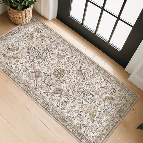 Boho Moss 2x4 Small Rugs for Entryway, Vintage Washable Low Pile & Soft Throw Rugs for Kitchen, Bathroom - Classic Home Décor, Bird & Botanical Design Stain Resitant Non Slip Carpet - color: Moss Green, size: 2' x 4' (Rectangular)