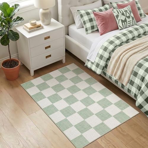 GarveeHome Checkered Sage Green 2x3 Washbale Rug Door Mat Geometric Diamond Dot Modern Soft Low-Pile Small Rug for Bedroom Entryway Bathroom Kitchen Non-Slip TPE Backing - color: Sage Green, size: 2' x 3' (Rectangular)