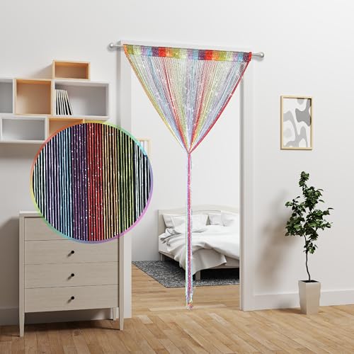 2 Pieces Door String Curtain Doorway Beads Curtains,Hanging Room Divider Beaded Decor Hippie Glitter Fringe Panel Closet Window Doors Sequin Sheer Boho Doors Tassel - color: Rainbow