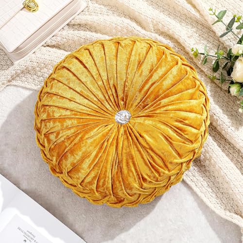Drydiet 1 Pcs Round Throw Velvet Pillows Decorative Pleated Throw Pillows Diameter Accent Pumpkin Boho Chair Cushion for Couch Sofa Home Decoration (Velvet Gold,15'') - color: Velvet Gold, size: 15''