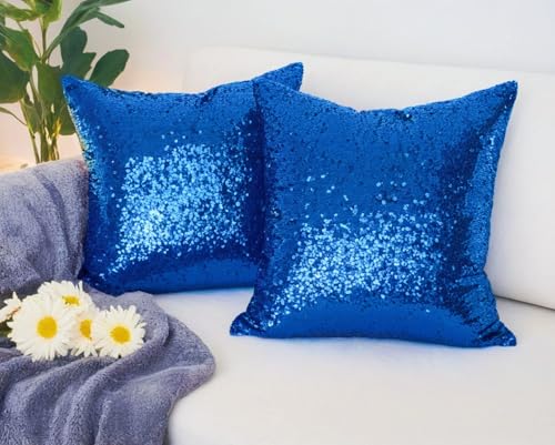 ShinyBeauty Blue Throw Pillows Cover for Couch, Sequin Pillow Case 24"X24" Set of 2, Royal-Blue Cushion Covers Throw Pillow Cases for Sofa,Bed,Home Decorations - color: Royal Blue, size: 24" x 24" (Pack of 2)